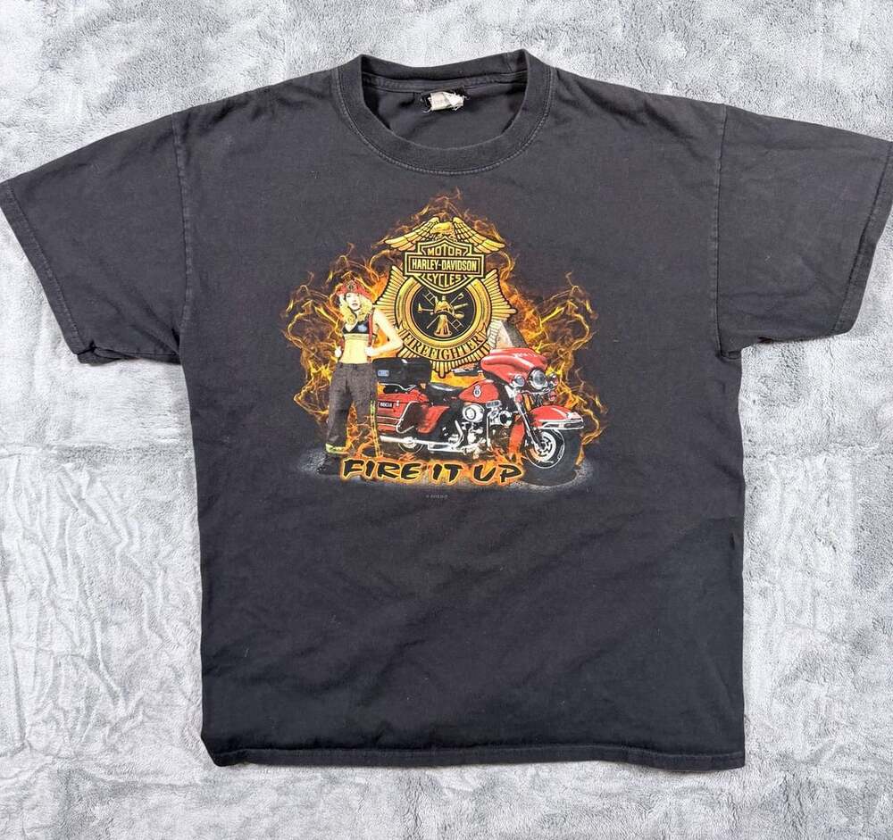 Harley-Davidson Firefighter Fire It Up T-Shirt Large Black Graphic Tee